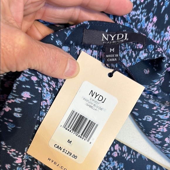 NYDJ Blue and PinkRelaxed Blouse with 3/4 Sleeves and Mandarin Collar - Picture 2 of 8